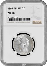 Serbia 2 dinara 1897, NGC AU58,  King Alexander I (1889 - 1903)  silver coin