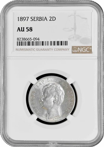 Serbia 2 dinara 1897, NGC AU58, "King Alexander I (1889 - 1903)" silver coin