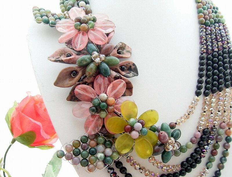 Collar llamativo flor cristal ónix ágata perlas negras de agua dulce 22" Foto 3 de 4