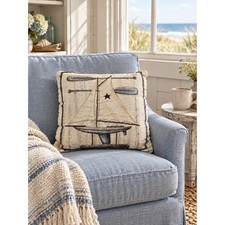 Nautical Sailboat Tapestry Throw Pillow 15x14 Cream Blue Oars Coastal Cottage