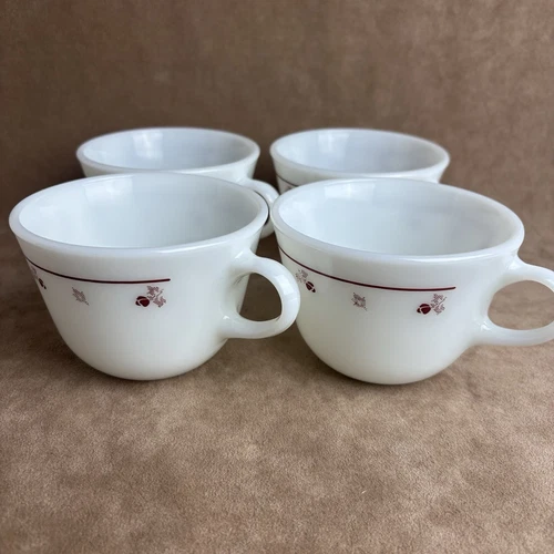 Lot 4 Vintage Pyrex White Milk Glass Tea Coffee Cups Burgundy Rose USA