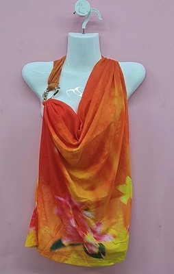 Micas Floral Print Mesh Asymmetrical Ruched Cami Women's Top XL Orange