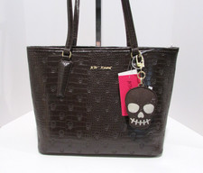 Betsey Johnson Brown Skull Tote Bag Purse with Skull Charm Embossed TOTO NWT