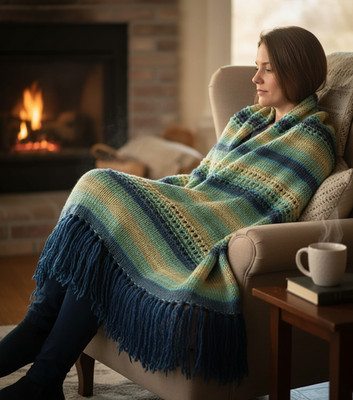 NEW Blue Green Beige Mix Stitch Handmade Knitted Afghan Throw Hand Knit Gift 