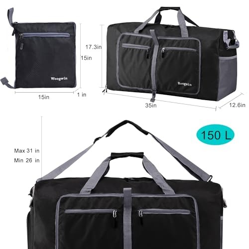 Woogwin Travel Duffel Bag Large Foldable Waterproof Overnight Bag 150L - BLACK