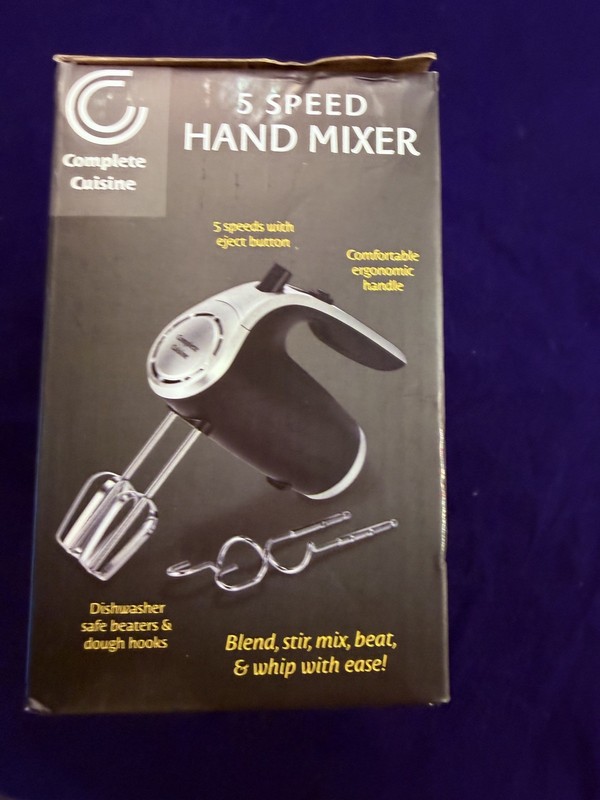 New Complete Cuisine 5-Speed Black & Silver Hand Mixer w/ Beaters & Dough Hooks