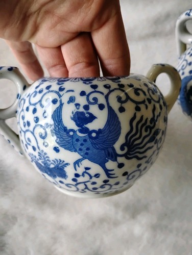 Rising Phoenix Bird Blue White Porcelain Sugar Bowl / Vase & Creamer, Flying... - Picture 2 of 9