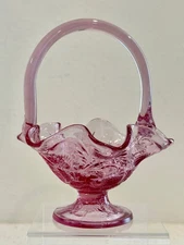 FENTON Art Glass Dusty Rose Pink Ruffled Strawberry Footed Basket w/Handle