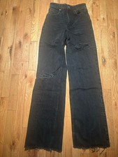 WOMEN ZARA BLACK DENIM FULL LENGTH HIGH RISE WIDE LEG RAW HEM JEANS SIZE 2