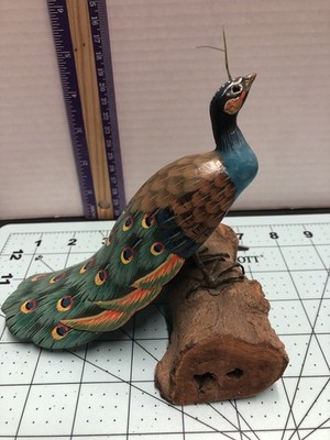 VTG Carved Detail Painted Peacock On A Log Figurine 