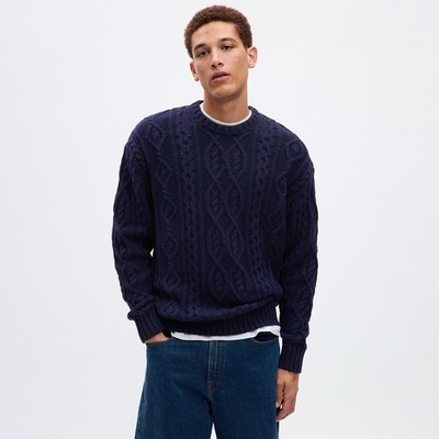Gap Cable Knit Chunky Sweater XL TALL Navy Blue Crew Neck Preppy Fisherman Y2K