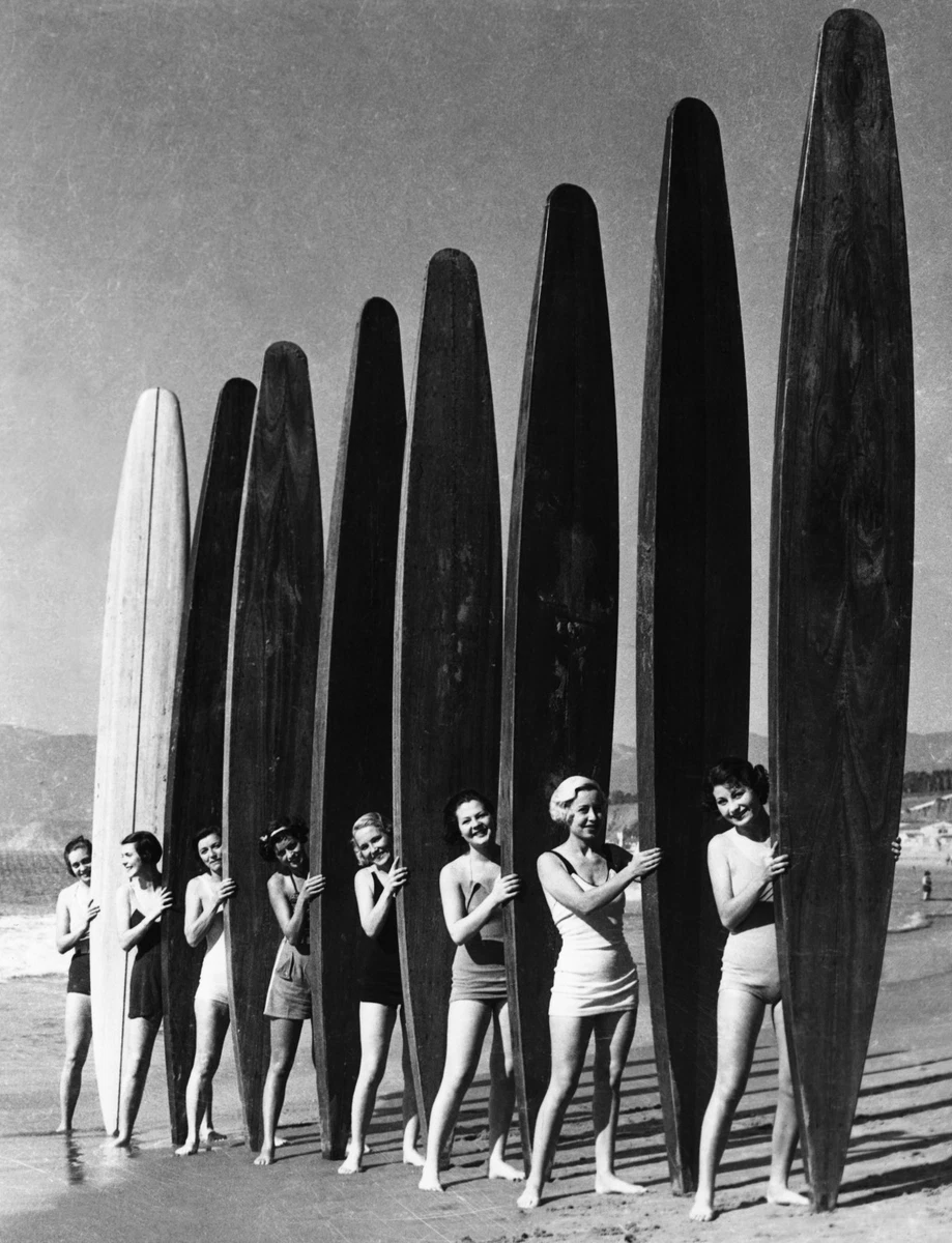 Surf girls Vintage Art Print Poster Black White Surfing Boards