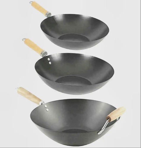 Carbon Steel Non Stick Deep Wok Chinese Asian Cooking Wooden Handle Stir Fry Wok - Picture 1 of 11