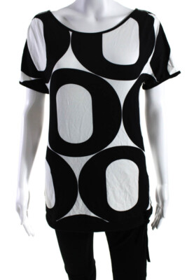 I'Cona Womens Geometric Print Short Sleeves Tie Bottom Blouse Black White Size 4