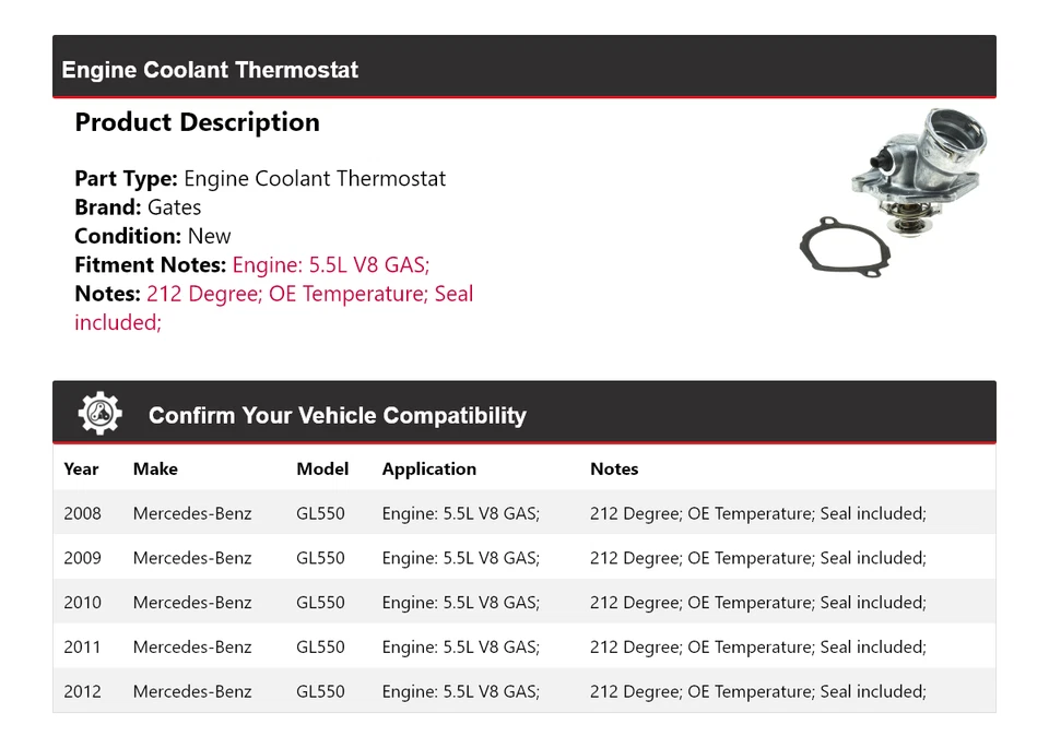 适用于 2008 - 2012 梅赛德斯 - 奔驰 GL550 5.5L V8 气体发动机冷却液恒温器门 — 第 2/4 张图片