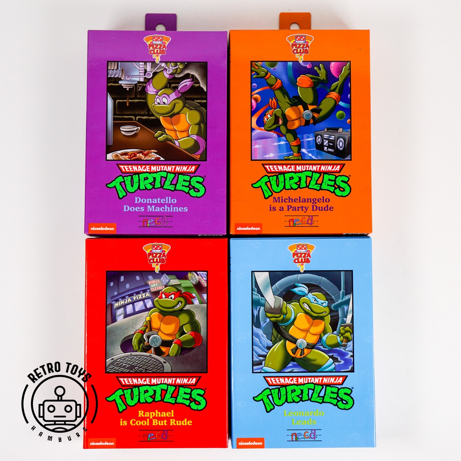 NECA PIZZA CLUB Tortugas Paquete de 4 CONJUNTO Tortuga Ninja Adolescente Mutante TMNT Héroe Dibujos Animados