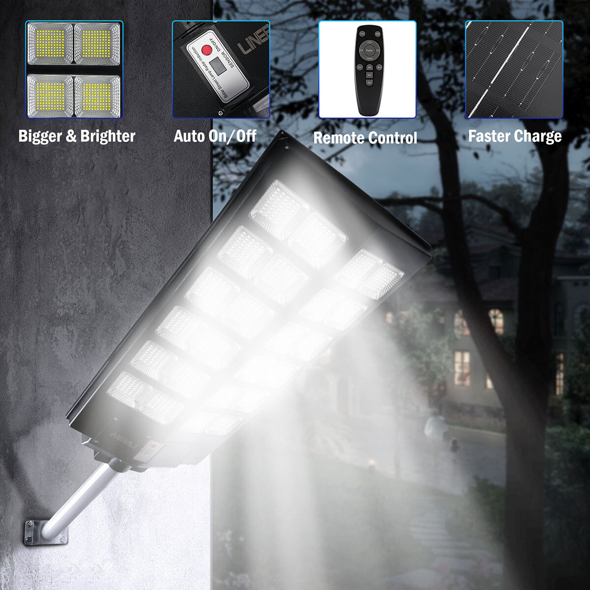 LINEBA 11000W Solar Street Light, 8700W Equivalent, Dusk To Dawn With Motion Sensor & Remote, 24W LED