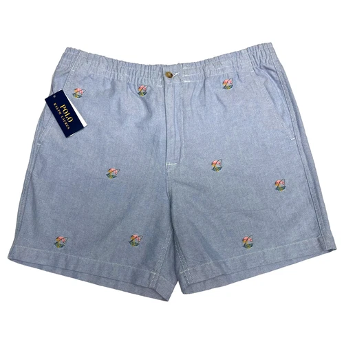 Polo Ralph Lauren Classic Fit 6" Oxford Short Flamingo Embroidery Blue $125 NOLA