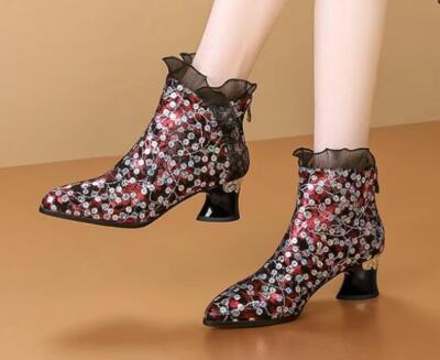 New Women Sequins Floral Block Heels Pointy Toe Ruffles Ankle Boots Winter Shoes