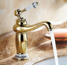 Gold Brass Deck Mount Bathroom Basin Sink Faucet Ceramic Handle Base Mixer Tap