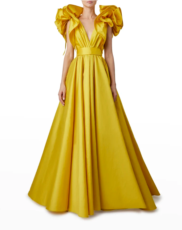 Elie Saab Plunging Ruffle-Shoulder Taffeta Gown FR 46 (US 14