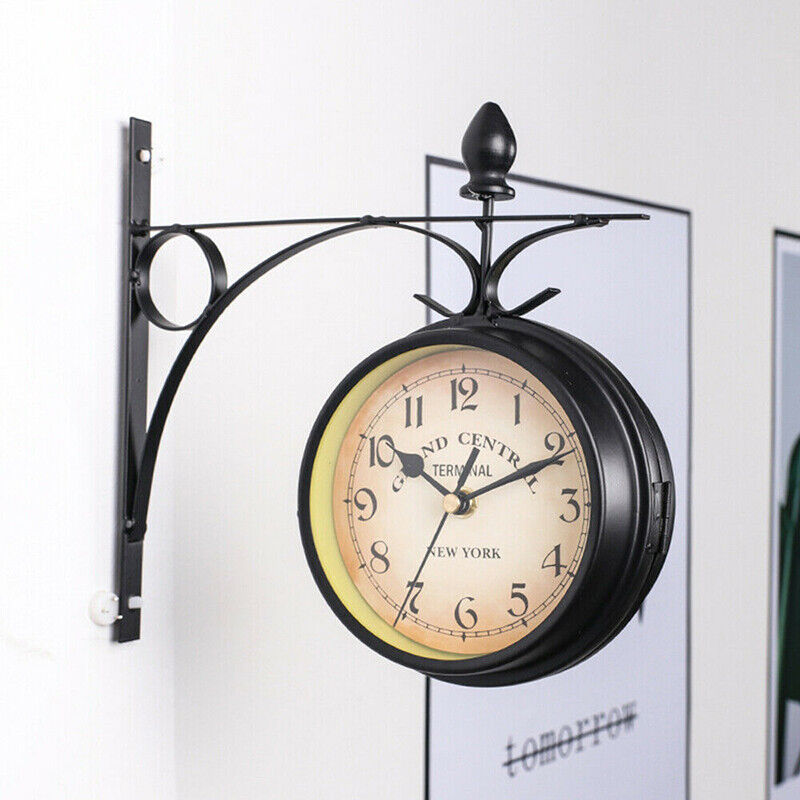 Outdoor Garden Gentral Station Wall Clock Double Sided Outside Bracket Retro