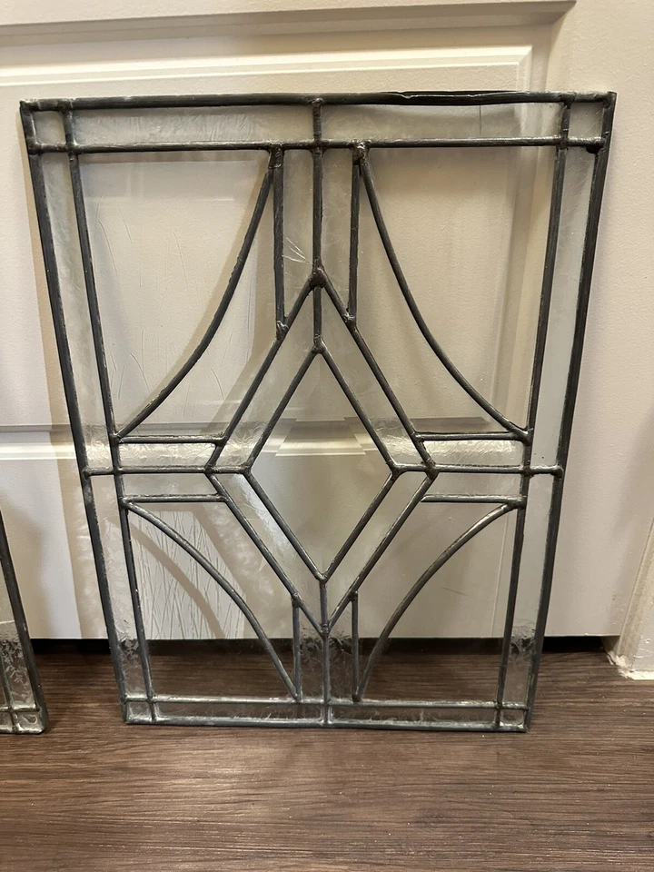 ANTIQUE (1930s) LEADED BEVELED ETCHED GLASS WINDOW PAIR — 19 Inch X 13 Inch - Image 2 of 4