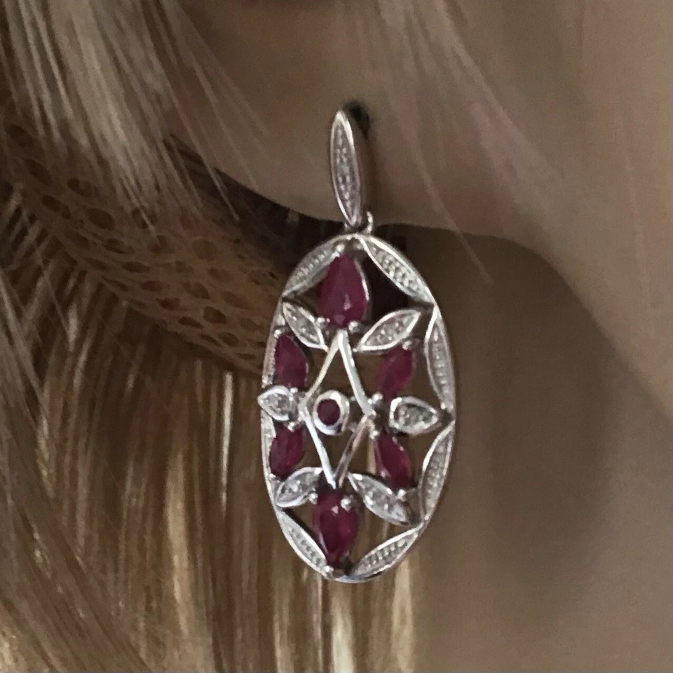 Diamond and Ruby set in 9ct White Gold Oval Filigree Vintage Earrings - Image 2 of 4