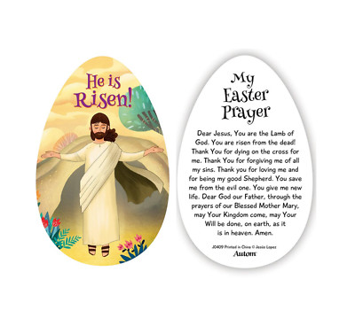 2 copies of ''He is Risen! My Easter Prayer Card'' Egg Shaped Children Catholic