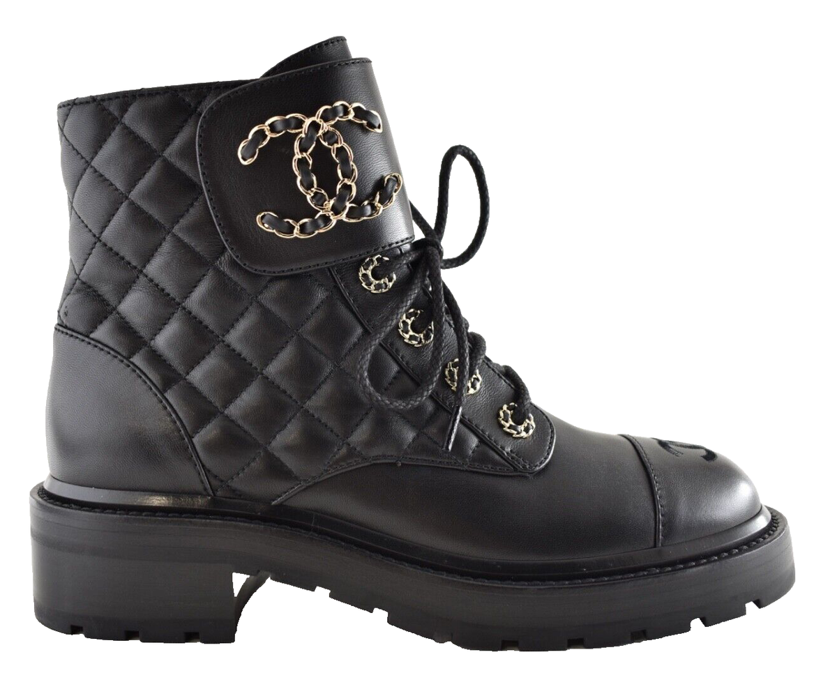 Chanel 21A Black Quilted Gold CC Chain Combat Lace Up Tie Ankle