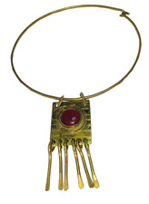 RAFAEL ALFANDARY SIGNED MODERNIST BRUTALIST BRASS RED GLASS TASSEL PENDANT NECKL