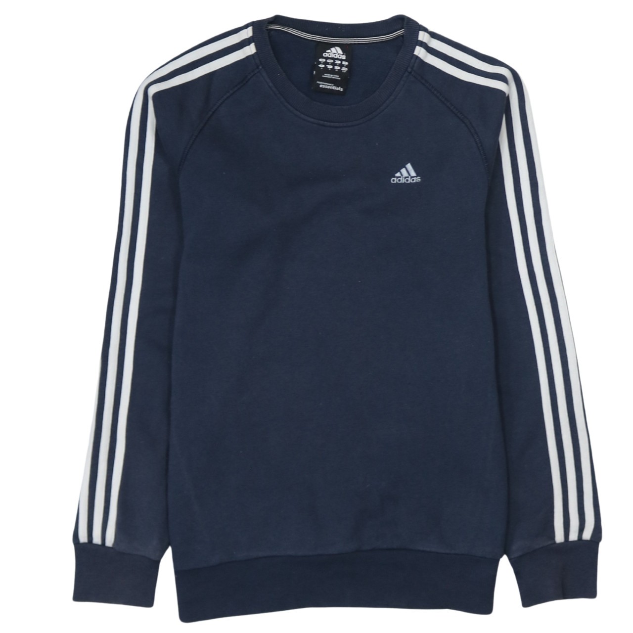 Adidas Mens Sweatshirt Navy Blue Fleece Pullover Embroidered Logo Stripes S