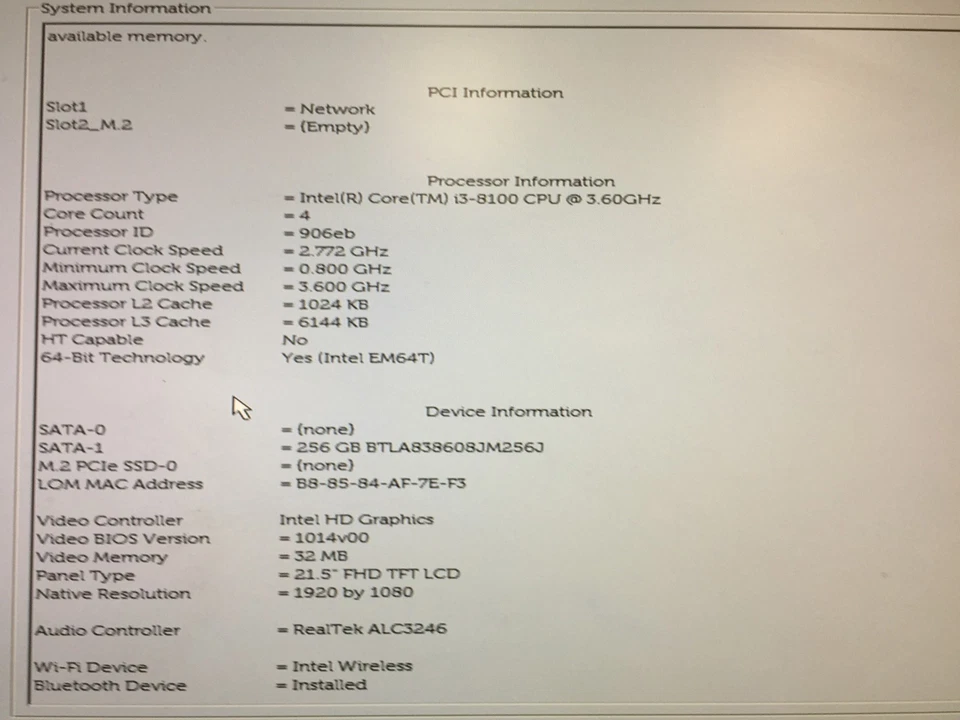 Dell OptiPlex 5260 AIO 22" Core i3-8100 3.6GHz 8GB RAM 256GB SSD NO OS Good - Image 4 of 4