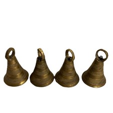 4 vintage bells LOT small handheld chimes stripe design etched INDIA metal brass