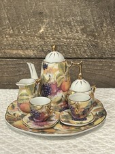 Vintage Miniature 10 Piece Chinese Porcelain Tea Set Fruit Design Gold Trim EUC
