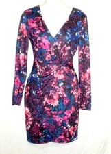 Guess Dress Sz 2 XS Black Faux Wrap Floral V-Neck V-Back LS Empire Waist Lined