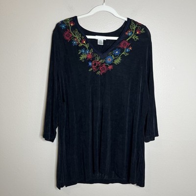 Women Tunic top 2x Relax Fit Whimsigoth Embroidered Dark Floral Witchy Romantic