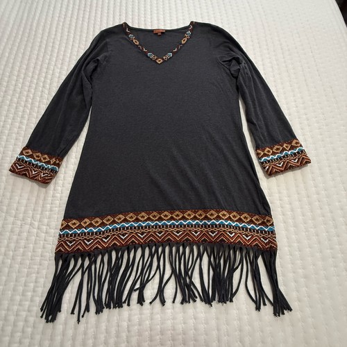 Scully Mini Tunic Dress L Large Embroidered Fringe Western Boho Heathered Gray