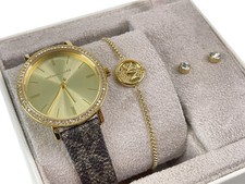 $295 Michael Kors Ladies Gold Watch & Earrings + Necklace Jewelry Gift Box Set