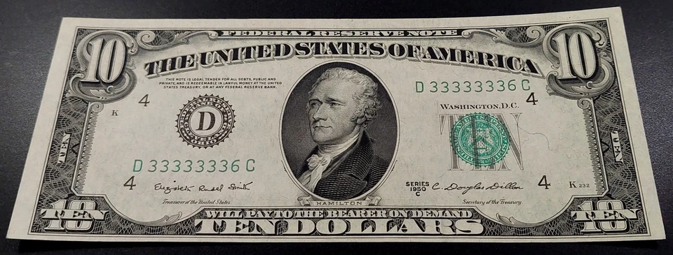 1950 C $10 FRN! AU! True Binary, Near Solid Serial # D33333336C!  Fr# 2013 D. - Image 3 of 4