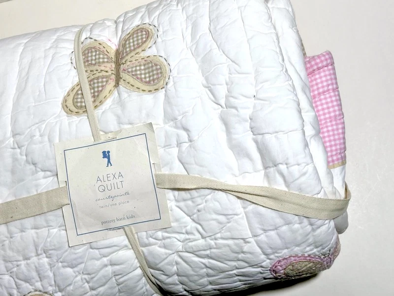 Pottery Barn Kids Brown Butterfly Pink Gingham Trim Alexa Twin Quilt New - Image 2 of 4