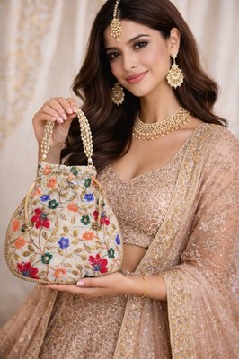 Embroidered Polti/pouch- Thread Work And Sequins With Pearl Beaded Handle