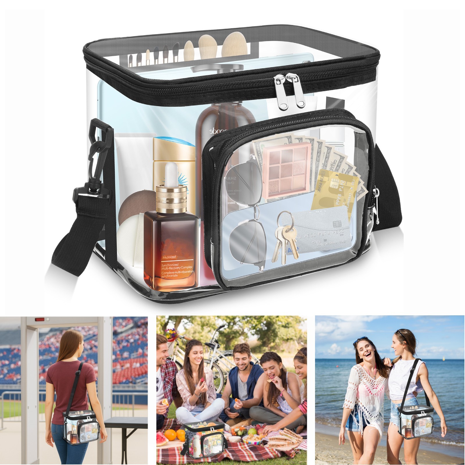 Clear PVC Crossbody Bag with Zipper – Stadium-Approved Transparent Tote-image