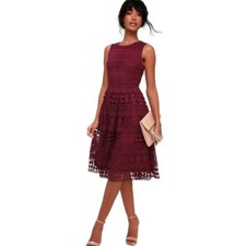 Lulus Burgundy Crochet Lace Sleeveless Midi Dress Pleated Skirt Wine Red XL New