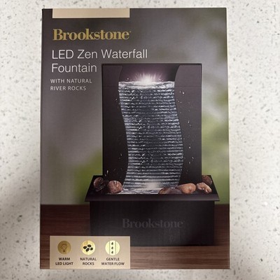 NEW Brookstone LED Zen Waterfall Fountain With Natural River Rocks Tabletop Mini