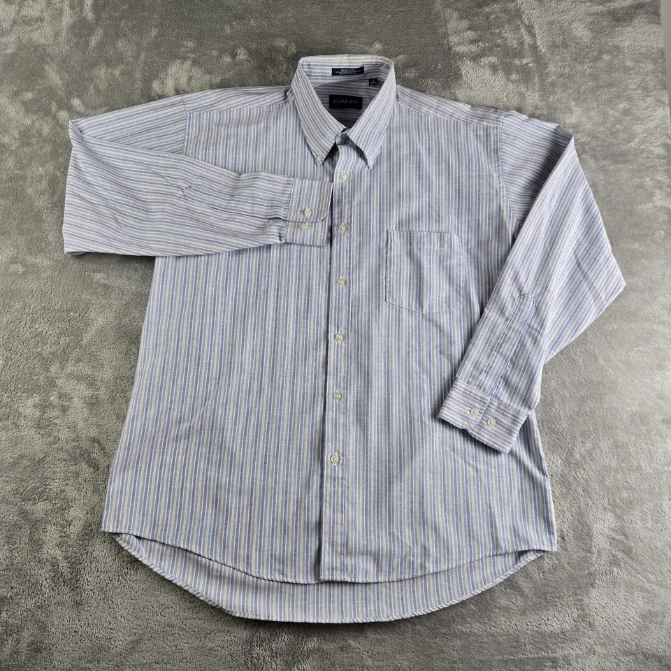 Camisa Gant Para Hombre 17 34/35 Azul Amarillo Rayas Manga Larga Arrugas Menos Carrera Foto 2 de 4