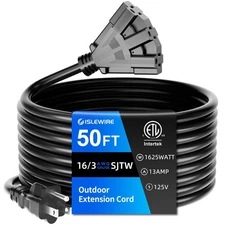 50 FT 3 Outlet Outdoor Extension Cord Waterproof, 16/3 SJTW Black Extension C...