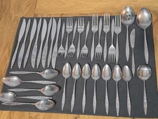 Ekco Eterna Balboa Stainless 34 Pc Flatware Set Geometric Glossy 1970's Vintage