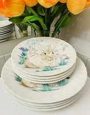 ROYAL WESSEX Dinner Salad 8PC Plate Set Easter Spring Floral Meadow Bunny Garden