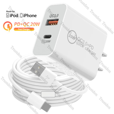 20W Type C Fast Wall Charger USB Cable PD QC Adapter For iPhone 14 13 12 11 XR 8